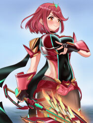 Rule 34 | 1girl, absurdres, aegis sword (xenoblade), aqua gemstone, backless outfit, black gloves, bob cut, breasts, chest jewel, covered navel, drop earrings, earrings, fingerless gloves, gloves, highres, holding, holding sword, holding weapon, impossible clothes, jewelry, large breasts, micro shorts, neon trim, nintendo, pantyhose, pantyhose under shorts, pyra (xenoblade), red eyes, red hair, red shorts, short hair, short shorts, short sleeves, shorts, skindentation, solo, super smash bros., swept bangs, sword, thighhighs, thighhighs over pantyhose, tiara, timosan, v-shaped eyebrows, weapon, xenoblade chronicles (series), xenoblade chronicles 2