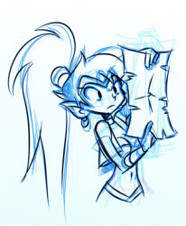 Rule 34 | 1girl, blue theme, commentary, earrings, jewelry, lots of jewelry, lowres, map, monochrome, official art, pointy ears, ponytail, shantae, shantae (series), sketch, solo, wayforward