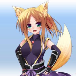 Rule 34 | 10s, 1girl, animal ears, blonde hair, blush, breasts, colorized, dog days, dog ears, fang, fingerless gloves, fox ears, fox tail, gloves, gradient background, green eyes, highres, japanese clothes, large breasts, nar, nigo (aozoragarou), open mouth, simple background, solo, tail, yukikaze panettone