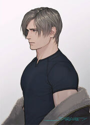 Rule 34 | 1boy, artist name, blonde hair, blue shirt, closed mouth, facing to the side, jacket, jacket partially removed, leon s. kennedy, male focus, parted bangs, resident evil, resident evil 4, resident evil 4 (remake), sardine (kjr0313), shirt, short hair, short sleeves, signature, solo, t-shirt, tight clothes, tight shirt, toned, toned male, upper body