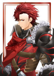Rule 34 | 1boy, absurdres, armor, artist name, belt, belt buckle, border, buckle, cape, closed mouth, commentary request, diamant (fire emblem), fire emblem, fire emblem engage, fur trim, gauntlets, highres, insignia, male focus, midori no baku, nintendo, red border, red cape, red eyes, red hair, short hair, shoulder armor, upper body, white background