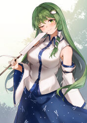 Rule 34 | 1girl, absurdres, bare shoulders, blue skirt, closed mouth, commission, detached sleeves, frog hair ornament, gohei, green eyes, green hair, hair between eyes, hair ornament, hair tubes, highres, holding, holding gohei, japanese clothes, kochiya sanae, long hair, nontraditional miko, one eye closed, pixiv commission, skirt, snake hair ornament, solo, tamiku (shisyamo609), touhou, white sleeves, wide sleeves