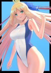 Rule 34 | 1girl, aged up, artoria caster (fate), artoria caster (third ascension) (fate), artoria pendragon (fate), bare shoulders, black border, blonde hair, blue background, blue one-piece swimsuit, blue ribbon, blush, border, breasts, collarbone, commentary request, competition swimsuit, crown, dutch angle, facial mark, fate/grand order, fate (series), forehead mark, green eyes, hair ribbon, highleg, highleg swimsuit, higofushi, large breasts, long hair, looking at viewer, one-piece swimsuit, ribbon, solo, swimsuit, two-tone swimsuit, very long hair, white one-piece swimsuit