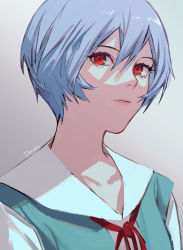 Rule 34 | 1girl, artist name, ayanami rei, blue vest, closed mouth, collarbone, grey background, hair between eyes, highres, na yeon, neck ribbon, neon genesis evangelion, red eyes, red ribbon, ribbon, sailor collar, school uniform, short hair, silver hair, solo, tokyo-3 middle school uniform, upper body, vest, white sailor collar