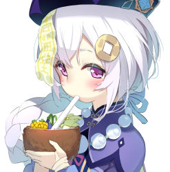 Rule 34 | 1girl, blush, braid, capelet, commentary request, drinking straw, fruit cup, genshin impact, grey hair, hair between eyes, hair ornament, hat, highres, holding, jacket, long hair, looking at viewer, ofuda, olive (laai), purple capelet, purple eyes, purple hat, purple jacket, qingdai guanmao, qiqi (genshin impact), simple background, single braid, solo, upper body, very long hair, white background