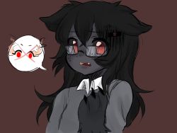 Rule 34 | 1girl, animal ears, animal hands, artist request, bespectacled, black hair, brown background, caleana, claws, colored skin, dog ears, fang, freckles, glasses, grey shirt, grey skin, hair ornament, hairclip, hellhound (monster girl encyclopedia), highres, long hair, looking at viewer, monster girl, monster girl encyclopedia, monster girl encyclopedia ii, open mouth, red eyes, shirt, simple background, solo, speech bubble