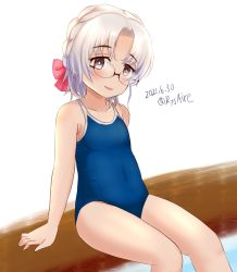 Rule 34 | 1girl, ame-san, blue one-piece swimsuit, blue school swimsuit, braid, brown eyes, collarbone, commentary request, competition school swimsuit, covered navel, dated, feet out of frame, glasses, grey hair, hair intakes, hair ribbon, highres, hirato (kancolle), kantai collection, looking at viewer, one-hour drawing challenge, one-piece swimsuit, ribbon, school swimsuit, short hair, simple background, sitting, smile, solo, swimsuit, twitter username, wavy hair, white background