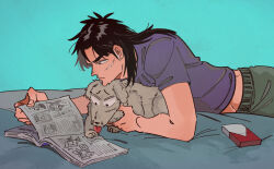 Rule 34 | 1boy, black eyes, black hair, blue background, book, cigarette pack, closed mouth, commentary request, dog, facial scar, fingernails, frown, grey pants, grey shirt, inudori, itou kaiji, kaiji, long hair, lying, male focus, medium bangs, on stomach, pants, parted bangs, profile, reading, scar, scar on cheek, scar on ear, scar on face, shirt, short sleeves, solo, tongue, tongue out, upper body