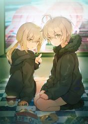 Rule 34 | 2girls, arm support, artoria pendragon (all), artoria pendragon (fate), bag of chips, black hoodie, black jacket, black legwear, blurry, blurry background, blush, checkered floor, closed mouth, commentary request, depth of field, fate/apocrypha, fate/grand order, fate (series), fur-trimmed jacket, fur trim, haagen-dazs, hair between eyes, hand up, hands on lap, hood, hood down, hoodie, jacket, jeanne d&#039;arc (fate), jeanne d&#039;arc alter (avenger) (fate), jeanne d&#039;arc alter (fate), long hair, long sleeves, looking at viewer, looking to the side, low twintails, multiple girls, nagu, no shoes, parted lips, pointing, pointing at viewer, saber alter, seiza, silver hair, sitting, sleeves past wrists, socks, twintails, yellow eyes