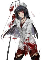 Rule 34 | 1girl, absurdres, black hair, blood, blood on clothes, claws, e.g.o (project moon), grin, hat, highres, id card, intravenous drip, jacket, limbus company, long hair, looking at another, na-gyou (nunumaru), nurse cap, nymph (project moon), project moon, red eyes, ryoshu (project moon), simple background, skirt, smile, solo, very long hair, white background, white hat, white jacket, white skirt, wing collar