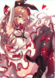 Rule 34 | 1girl, black thighhighs, blush, boots, bow, breasts, brown hair, chest harness, clarisse (granblue fantasy), clarisse (soleil blanc) (granblue fantasy), copyright request, elbow gloves, gloves, green eyes, hair bow, harness, homaderi, long hair, looking at viewer, medium breasts, red footwear, solo, thighhighs, very long hair, white bow, white gloves
