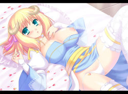 Rule 34 | 1girl, arch bishop (ragnarok online), blonde hair, blue dress, blush, bow, breasts, brown horns, cameltoe, cleavage, commentary request, cross, dress, feet out of frame, fishnet thighhighs, fishnets, frilled thighhighs, frills, green eyes, hair bow, horns, jacket, juliet sleeves, large breasts, letterboxed, long sleeves, looking at viewer, lying, masaya ichika, medium hair, nipples, on back, on bed, open mouth, panties, petals, pink bow, puffy sleeves, ragnarok online, sash, side-tie panties, solo, thighhighs, underwear, untied panties, white jacket, white panties, white thighhighs, yellow sash