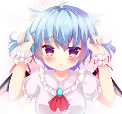 Rule 34 | 1girl, ahoge, animal ears, ascot, bat wings, blue hair, blush, brooch, bunching hair, cat ears, chestnut mouth, frilled shirt collar, frills, jewelry, kemonomimi mode, looking at viewer, no headwear, no headwear, parted lips, puffy short sleeves, puffy sleeves, purple eyes, remilia scarlet, rika-tan (rikatantan), shirt, short hair, short sleeves, solo, touhou, upper body, white shirt, wings, wrist cuffs