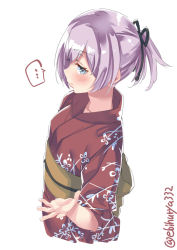 Rule 34 | ..., 1girl, alternate costume, blue eyes, blush, breasts, closed mouth, ebifurya, floral print, from side, hair between eyes, highres, japanese clothes, kantai collection, kimono, looking at viewer, looking to the side, obi, sash, shiranui (kancolle), short ponytail, simple background, small breasts, solo, spoken ellipsis, twitter username, white background, yukata