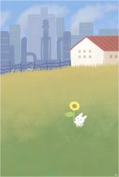 Rule 34 | ayu (mog), blue sky, rabbit, closed mouth, day, fence, field, flower, grass, house, looking at viewer, no humans, original, outdoors, signature, sky, smile, smoke, sunflower