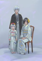 Rule 34 | 1boy, 2girls, black hair, blue eyes, child, family, father and daughter, grey background, grey hair, grey kimono, hair over one eye, highres, husband and wife, japanese clothes, kaneki ichika, kaneki ken, kimono, kirishima touka, kyuuba melo, long sleeves, looking at viewer, mother and daughter, multiple girls, obi, own hands together, sash, short hair, simple background, sitting, smile, standing, tokyo ghoul, tokyo ghoul:re, wide sleeves