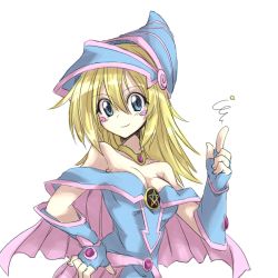 Rule 34 | 1girl, akasaka koutarou, bare shoulders, blonde hair, blue eyes, blush, blush stickers, breasts, choker, cleavage, dark magician girl, duel monster, fingerless gloves, gloves, hat, large breasts, long hair, pentacle, simple background, smile, solo, wizard hat, yu-gi-oh!, yu-gi-oh! duel monsters