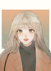 Rule 34 | 1girl, absurdres, bad id, bad twitter id, brown coat, coat, commentary, green eyes, grey hair, grey sweater, highres, lipstick, long hair, looking at viewer, makeup, original, oyabuli, parted lips, red lips, smile, solo, sweater, symbol-only commentary, upper body