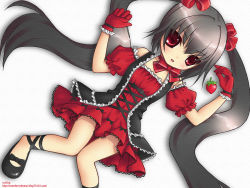 Rule 34 | blush, bow, bowtie, dress, food, frills, fruit, gloves, gothic lolita, grey hair, hair ribbon, ichika, kooh, lolita fashion, long hair, lying, on back, open mouth, outstretched arms, pangya, red eyes, ribbon, shoes, solo, spread arms, strawberry, thigh gap, thighs, twintails, very long hair