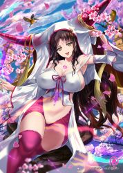 Rule 34 | 1girl, amano cigusa, arm up, bare shoulders, bird, breasts, brown eyes, brown hair, cleavage, commentary request, curvy, fate/grand order, fate (series), highres, hip focus, horn ornament, horns, hummingbird, large breasts, leg up, long hair, navel, sessyoin kiara, sideboob, solo, tattoo, thighs, tongue, very long hair, wide hips