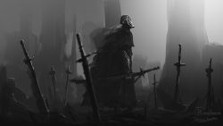 Rule 34 | 1boy, bloodborne, bloody crow of cainhurst, brown cloak, chikage (bloodborne), cloak, copyright name, from side, gauntlets, greyscale, helm, helmet, highres, holding, holding sword, holding weapon, long hair, looking up, monochrome, outdoors, planted, planted sword, planted weapon, scenery, sheath, sheathed, signature, sword, tripdancer, weapon