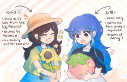 Rule 34 | 2girls, arrow (symbol), black shirt, blue eyes, blue hair, blue overalls, blush, brown hair, closed eyes, commentary, english commentary, english text, facing another, flower, food, food request, frilled sleeves, frills, green shirt, hat, holding, holding flower, holding food, holding vegetable, long hair, multiple girls, open mouth, original, overalls, riifushi, shirt, shirt tucked in, short sleeves, sidelocks, smile, star (symbol), stardew valley, straw hat, sunflower, t-shirt, upper body, vegetable