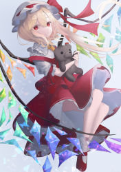 Rule 34 | 1girl, absurdres, blonde hair, blouse, bow, crystal, flandre scarlet, full body, grey background, hair between eyes, hat, hat bow, hat ribbon, highres, holding, holding stuffed toy, l neconeco l, long hair, looking at viewer, mob cap, petticoat, puffy short sleeves, puffy sleeves, red bow, red eyes, red footwear, red ribbon, red skirt, red vest, ribbon, shirt, shoes, short sleeves, skirt, skirt set, smile, solo, stuffed animal, stuffed toy, teddy bear, touhou, vest, white hat, white legwear, white shirt, wings