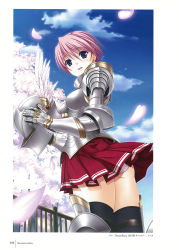 Rule 34 | 10s, 1girl, armor, armored boots, black thighhighs, blue eyes, boots, cherry blossoms, day, gauntlets, hair ornament, hairclip, helmet, highres, holding, kisaki mio, komori kei, looking at viewer, non-web source, official art, open mouth, outdoors, panties, petals, pink hair, pleated skirt, red skirt, scan, short hair, skirt, sky, solo, thighhighs, underwear, walkure romanze