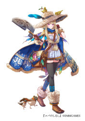Rule 34 | 1girl, animal, animal on head, bag, bird, bird on head, black thighhighs, blonde hair, blue cape, breasts, brown footwear, brown gloves, cape, cleavage, company name, dmm, dress, feathers, full body, fur trim, gloves, hand up, handbag, hat, holding, holding weapon, mataichi mataro, medium breasts, official art, on head, purple eyes, sheath, simple background, solo, sun hat, thighhighs, walking, weapon, white background, white dress, yuba no shirushi