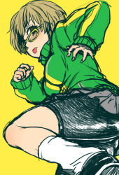 Rule 34 | 1girl, :p, atlus, bad id, bad pixiv id, bike shorts, blush, breasts, brown eyes, brown hair, dutch angle, fighting stance, glasses, jacket, kneehighs, legs, looking at viewer, majoccoid, persona, persona 4, satonaka chie, shoes, short hair, skirt, socks, solo, straight hair, tomboy, tongue, tongue out, track jacket
