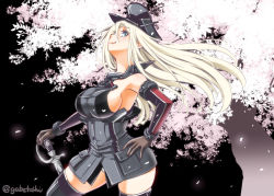 Rule 34 | 10s, 1girl, anchor, bare shoulders, bismarck (kancolle), black background, blonde hair, blue eyes, breasts, brown gloves, chain, cherry blossoms, detached sleeves, from side, gloves, grey thighhighs, hand on own hip, hat, kantai collection, large breasts, long hair, looking at viewer, looking to the side, military, military hat, military uniform, peaked cap, sheath, sheathed, sideboob, smile, sogabe toshinori, solo, sword, thighhighs, tree, twitter username, uniform, weapon, wind, zettai ryouiki