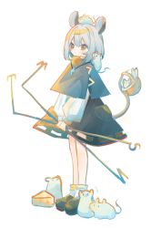 Rule 34 | 1girl, animal, animal ears, black capelet, black footwear, black skirt, capelet, cheese, dowsing rod, food, full body, grey hair, hair between eyes, highres, jewelry, long sleeves, mouse (animal), mouse ears, mouse tail, nazrin, pendant, red eyes, sabatuki, shirt, shoes, short hair, simple background, skirt, socks, solo, tail, touhou, white background, white shirt, white socks