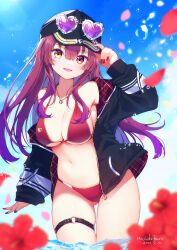 Rule 34 | 1girl, 2023, :d, baseball cap, bikini, black hat, black jacket, blue sky, blurry, blurry foreground, breasts, brown hair, cleavage, cowboy shot, dated, day, eyewear on headwear, floating hair, flower, gluteal fold, hair between eyes, hat, heart, heart-shaped eyewear, heterochromia, hibiscus, highres, hololive, houshou marine, houshou marine (summer), jacket, jewelry, large breasts, long hair, long sleeves, looking at viewer, mochiko tsuru, nail polish, open clothes, open jacket, open mouth, outdoors, pendant, purple-tinted eyewear, red bikini, red eyes, red flower, red nails, sideboob, signature, skindentation, sky, smile, solo, standing, sunglasses, swimsuit, thigh gap, thigh strap, tinted eyewear, underboob, very long hair, virtual youtuber, wading, yellow eyes