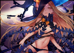 Rule 34 | 1girl, abigail williams (fate), bare shoulders, blonde hair, breasts, commentary, cowboy shot, fate/grand order, fate (series), hair over one eye, hat, holding, holding key, key, keyhole, long hair, lowleg, lowleg panties, march ab, panties, red eyes, revealing clothes, ribbon, small breasts, smirk, solo, underwear, very long hair, witch hat