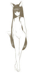 Rule 34 | 00s, 1girl, animal ears, barefoot, feet, flat chest, highres, hip focus, holo, kuontendou, legs, crossed legs, long hair, monochrome, nude, pussy, smile, solo, spice and wolf, standing, tail, uncensored, wolf ears, wolf tail