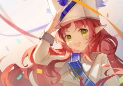 Rule 34 | 1girl, :d, arknights, arm up, blue ribbon, blush, commentary request, confetti, crop top, green eyes, grey background, highres, long hair, long sleeves, myrtle (arknights), open mouth, orange ribbon, parted bangs, red hair, red ribbon, ribbon, shirt, smile, solo, teeth, upper body, upper teeth only, v-shaped eyebrows, very long hair, white shirt, youra5