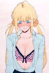 Rule 34 | 1girl, @ @, blonde hair, blue eyes, blush, breasts, cleavage, haioku colonel, long hair, open clothes, original, pink background, scrunchie, simple background, solo, sweat, twintails