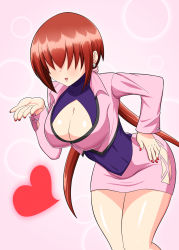 Rule 34 | 1girl, blowing kiss, breasts, cleavage, cleavage cutout, clothing cutout, dress, earrings, hair over eyes, hand on own hip, heart, highres, jewelry, large breasts, leaning forward, long hair, open mouth, red hair, shermie (kof), skirt, smile, solo, the king of fighters, twintails, yensh