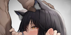 Rule 34 | 1boy, 1girl, abs, absurdres, adjusting hair, animal ear fluff, animal ears, arknights, black hair, blurry, blurry background, blush, close-up, commentary request, completely nude, cropped, depth of field, extra ears, eyelashes, from side, furrowed brow, groin, hair between eyes, hand on another&#039;s head, hands up, hetero, highres, implied fellatio, indoors, looking at another, looking up, lower body, muscular, muscular male, navel, nude, paid reward available, portrait, profile, sidelocks, solo focus, standing, stomach, sweat, tab head, texas (arknights), wolf ears, wolf girl, yellow eyes
