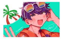 Rule 34 | 1boy, blue nails, blue pupils, blush, english text, hand on own head, hawaiian shirt, highres, leviathan (obey me!), looking at viewer, obey me!: one master to rule them all!, orange eyes, palm tree, shirt, smile, sunglasses, sweat, tree, two-tone eyes, user vvcv3324, waving