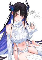 Rule 34 | 1girl, asymmetrical horns, bare shoulders, black hair, blue hair, blush, breasts, colored inner hair, demon horns, hair ornament, highres, hololive, hololive english, horns, large breasts, long hair, looking at viewer, meme attire, mole, mole on thigh, mole under eye, multicolored hair, naked sweater, nerissa ravencroft, red eyes, sketch, solo, sweater, turtleneck, two-tone hair, uneven horns, very long hair, virgin destroyer sweater, virtual youtuber, yomosaka