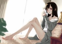 Rule 34 | 1girl, ashiya hiro, bare legs, bare shoulders, barefoot, bed, black hair, blurry, blurry background, coffee mug, collarbone, commentary request, cup, day, depth of field, grey jacket, head tilt, highres, holding, holding cup, jacket, long hair, looking at viewer, mug, on bed, open clothes, open jacket, original, parted lips, pillow, red eyes, shirt, sleeves past wrists, solo, steam, strap slip, sunlight, tank top, toenails, white shirt, window