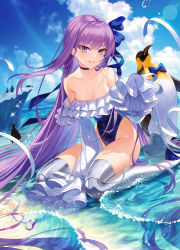 Rule 34 | 1girl, armor, bare shoulders, beach, bird, blue eyes, blue ribbon, blue sky, blush, breasts, choker, collarbone, fate/grand order, fate (series), frilled one-piece swimsuit, frills, greaves, hair ribbon, highleg, highleg swimsuit, highres, long hair, long sleeves, looking at viewer, meltryllis, meltryllis (fate), meltryllis (swimsuit lancer) (fate), meltryllis (swimsuit lancer) (second ascension) (fate), michi (iawei), ocean, off-shoulder one-piece swimsuit, off shoulder, one-piece swimsuit, penguin, prosthesis, prosthetic leg, puffy sleeves, purple hair, ribbon, shore, sitting, sky, sleeves past fingers, sleeves past wrists, small breasts, smile, swimsuit, thighs, very long hair, wariza, white ribbon
