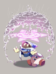 Rule 34 | :o, animal ears, belt, belt buckle, belt collar, blue belt, blue cape, blue eyes, blue hood, blush stickers, buckle, cape, collar, colored skin, commentary request, covered mouth, disembodied hand, floating, gear print, gloves, grey background, kirby, kirby (series), magolor, nintendo, no humans, parted lips, pink skin, rain, rayman limbs, red footwear, scarf, shadow, shield, shoes, sitting, solid oval eyes, tamikusa ex, two-sided cape, two-sided fabric, water, water drop, white cape, white scarf, yellow eyes, yellow gloves