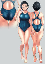 Rule 34 | 1girl, adjusting clothes, adjusting swimsuit, arm behind back, asics, ass, back, back focus, black eyes, black hair, blue one-piece swimsuit, commentary request, competition swimsuit, cowboy shot, from behind, grey background, highres, kneepits, looking at viewer, multiple views, one-piece swimsuit, original, short hair, simple background, standing, swimsuit, wakana hanabi, wet, wet clothes, wet swimsuit, wide hips