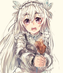 Rule 34 | 10s, 1girl, :d, butterfly hair ornament, chaika trabant, chicken (food), chicken leg, eyebrows, hair ornament, hairband, highres, hitsugi no chaika, long hair, looking at viewer, maido mido, open mouth, purple eyes, shiratan, silver hair, sketch, smile, solo, upper body
