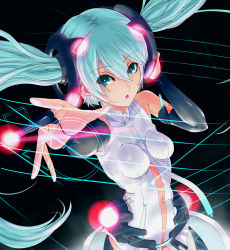 Rule 34 | 1girl, aqua eyes, aqua hair, breasts, bridal gauntlets, female focus, floating hair, hatsune miku, hatsune miku (append), long hair, navel, necktie, outstretched arm, puspus, reaching, solo, twintails, vocaloid, vocaloid append