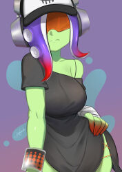 Rule 34 | 1girl, armpit crease, bare shoulders, black dress, breasts, closed mouth, commentary request, dedf1sh, dress, gradient background, gradient hair, headphones, highres, john (a2556349), large breasts, long hair, multicolored hair, nintendo, octoling, purple background, purple hair, red-tinted eyewear, red hair, sanitized (splatoon), side slit, single bare shoulder, solo, splatoon (series), splatoon 3, splatoon 3: side order, tentacle hair, tinted eyewear, two-tone hair