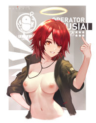 Rule 34 | 1girl, :d, arknights, artist name, aztodio, black jacket, breasts, breasts out, character name, coat, collarbone, cropped torso, detached wings, earphones, exusiai (arknights), grin, halo, hand on own hip, hand up, highres, index finger raised, jacket, looking at viewer, medium breasts, naked coat, navel, nipples, no bra, open clothes, open jacket, open mouth, orange eyes, patreon logo, patreon username, red hair, short hair, smile, solo, star (symbol), stomach, swept bangs, teeth, upper body, wings