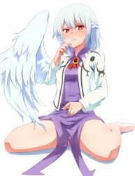 Rule 34 | 1girl, angel wings, ascot, bare legs, barefoot, blush, bottomless, brooch, dress, heart, heart-shaped pupils, jacket, jewelry, kishin sagume, long sleeves, looking at viewer, no panties, open clothes, open jacket, partially visible vulva, purple dress, red eyes, silver hair, single wing, sitting, solo, spread legs, symbol-shaped pupils, thighs, touhou, wariza, wings, yocchi (tenyunkel)
